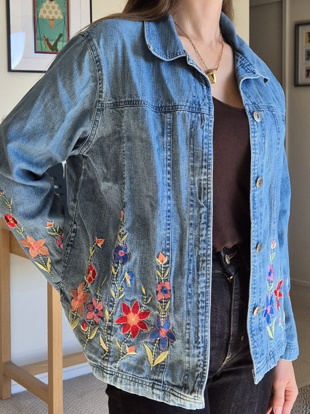 Vintage Bobbie Brooks Floral Embroidered Denim Shirt Jacket – Size M